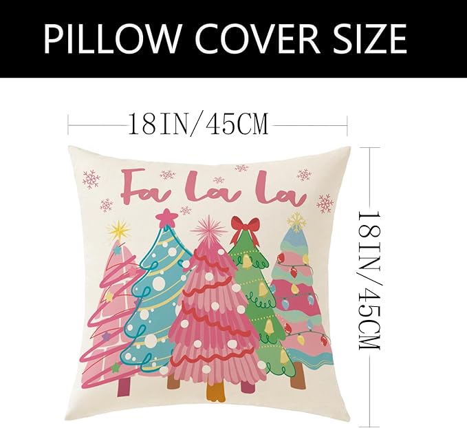 Pink Christmas Decorations Pillow Covers 18x18 Set of 4 Christmas Throw Pillow Covers, Holly Jolly FA La La Xmas Winter Holiday Linen Cushion Case for Home Sofa Couch Bed Chair Decor