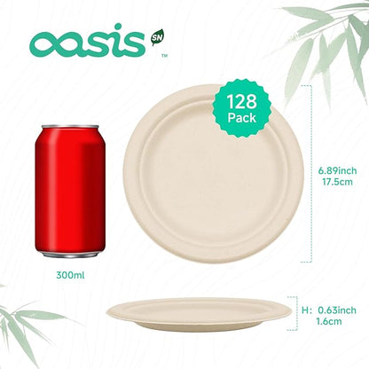 𝟕 𝐈𝐧𝐜𝐡, 𝟏𝟐𝟖-𝐏𝐚𝐜𝐤 Compostable Paper Plates, Heavy-Duty Biodegradable Disposable Dish Made from Bagasse, Perfeck for Snacks, Desserts, Party, Wedding and More (Nature)
