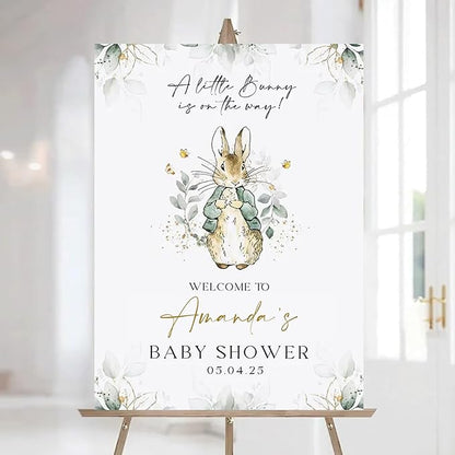 Personalized Bunny Rabbit Baby Shower Welcome Sign for Girl, Pink Peter Rabbit Theme, Greenery Bunny baby shower sign, Gift for Boys & Girls, Gender Reveal Decor, Birthday Party Favors (Style 8)