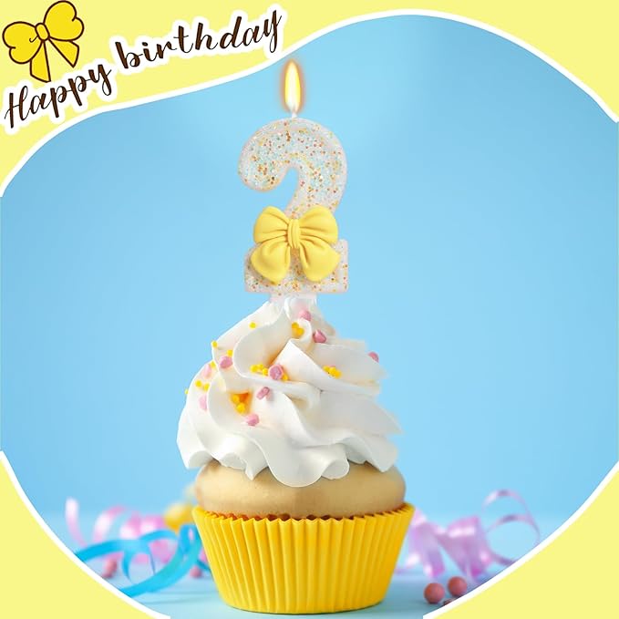 Birthday Candle for Cake, Yellow Bow Cake Candles, Cake Topper Decoration for Birthday Party (Number 2)