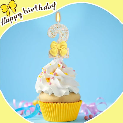 Birthday Candle for Cake, Yellow Bow Cake Candles, Cake Topper Decoration for Birthday Party (Number 2)