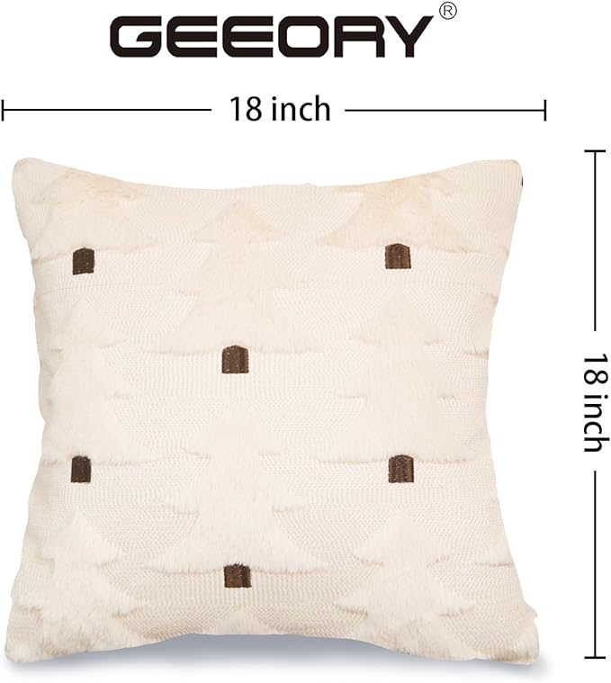 GEEORY Christmas Pillow Covers 18x18 Inch Set of 2, Christmas Decorations Xmas Tree Soft Plush Fluffy Faux Fur Decorative Throw Pillows Rustic Winter Decor Cushion Case Beige Brown GC034-18