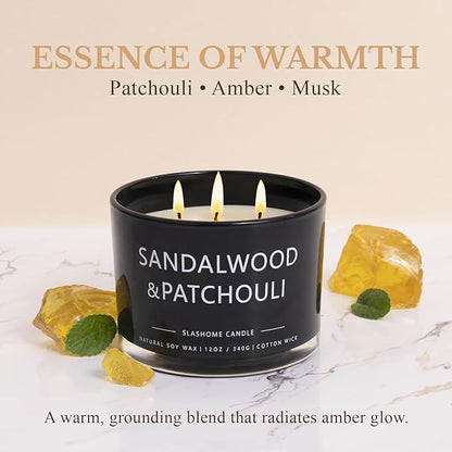 Patchouli Amber Candle, Large 3 Wick 12oz Soy Candle for Home Scented, Luxury Elegant Jar Candle Gift for Women & Men, Long-Lasting Non-Toxic Burn 60+ Hours, Warm Earthy Aromatherapy Home Décor