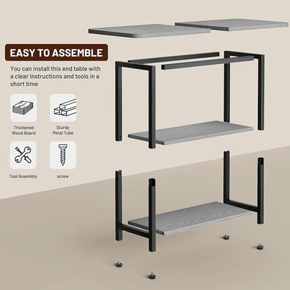 SLEEPING LAMB Side Table for Living Room, 3-Tier End Table for Small Space with Wide Storage Tabletop, Narrow Nightstand for Bedroom, Sofa Couch, Grey