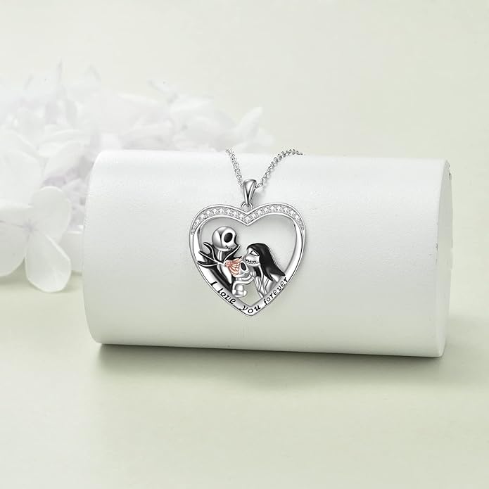 LILALO Christmas Gifts Nightmare Necklace Sterling Silver Abalone Shell Crystal Jack and Sally Necklace Jack Skellington Skull Jewelry Skull Necklaces for Women