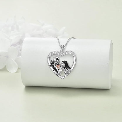 LILALO Christmas Gifts Nightmare Necklace Sterling Silver Abalone Shell Crystal Jack and Sally Necklace Jack Skellington Skull Jewelry Skull Necklaces for Women