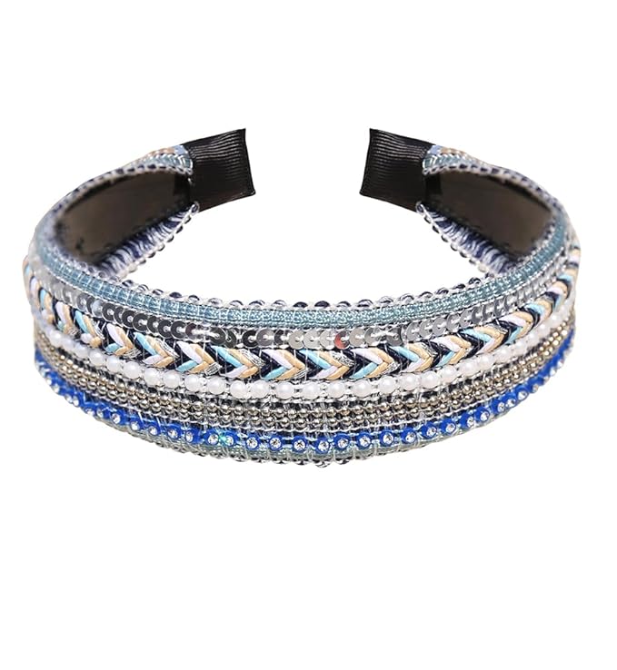 Women's Boho Sequin Pearls Headbands for Women Non Slip, Girls Sparkly Wide Hair Accessories Christmas Gift (Boho Blue Wide)