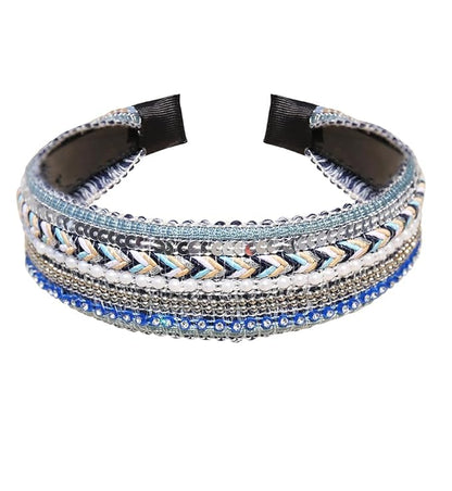 Women's Boho Sequin Pearls Headbands for Women Non Slip, Girls Sparkly Wide Hair Accessories Christmas Gift (Boho Blue Wide)