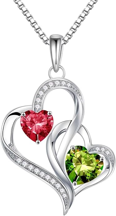 Iefil Christmas Gifts for Women - Double Heart Birthstone Necklace, 925 Sterling Silver Heart Pendant Necklace, Anniversary Birthday Gifts for Women | Personalized Jewelry Gift for Wife Mom Girlfriend
