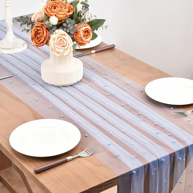 Blue Pearl Fall Thanksgiving Table Runner Boho Rustic Tulle Lace Table Runner for Baby Shower Wedding Arch Decor Veil Dessert Table Decor 3pcs