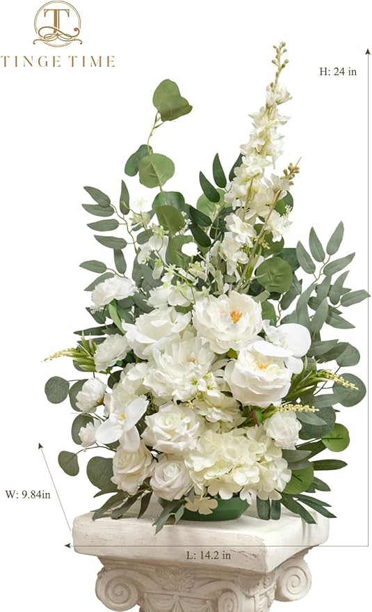TINGE TIME Free-Standing Artificial Flower Set of 2, Table Centerpiece with Rubber Pad, Silk Fake Flower for Wedding Centerpiece Archway Aisle Welcome Entrance (IvoryWhite)