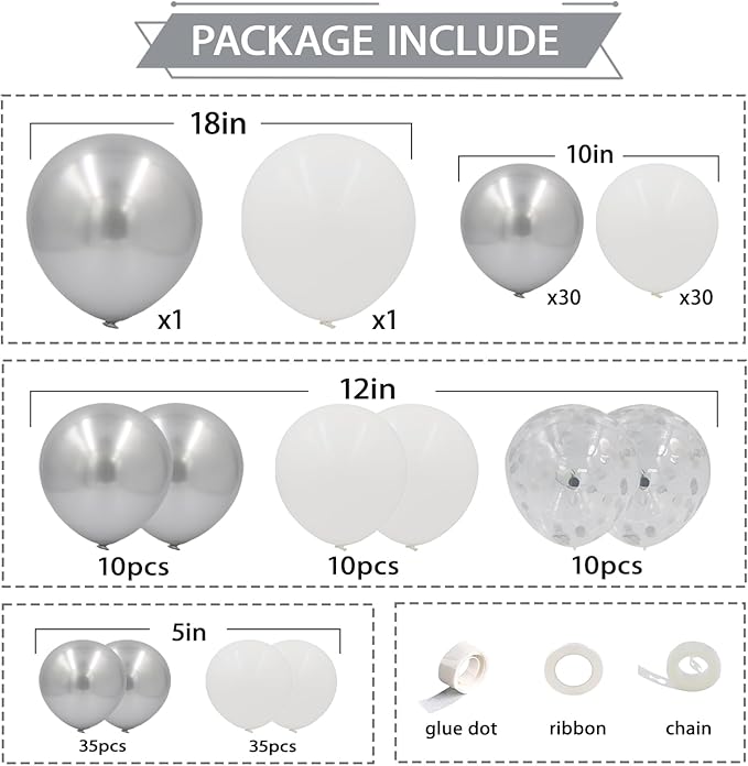 162pcs White and Silver Balloons Arch Kit, Different Sizes White Metallic Silver and Confetti Balloons for Winter Wonderland Wedding Baby Shower Birthday Party Decorations