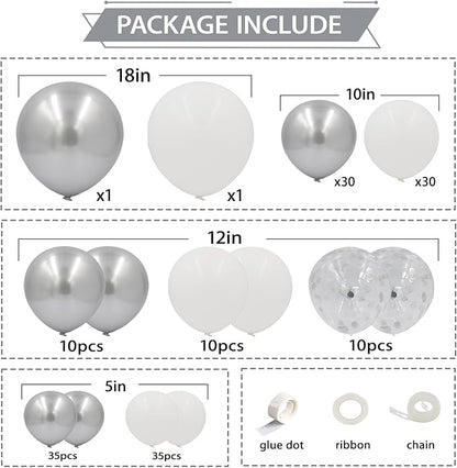 162pcs White and Silver Balloons Arch Kit, Different Sizes White Metallic Silver and Confetti Balloons for Winter Wonderland Wedding Baby Shower Birthday Party Decorations