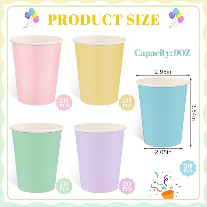 100 Pack Pastel Rainbow Paper Cups, 9oz Pastel Party Cups Colored Paper Cup Bulk, Disposable Drinking Cup for Birthday Holiday Party Supplies, 5 Colors