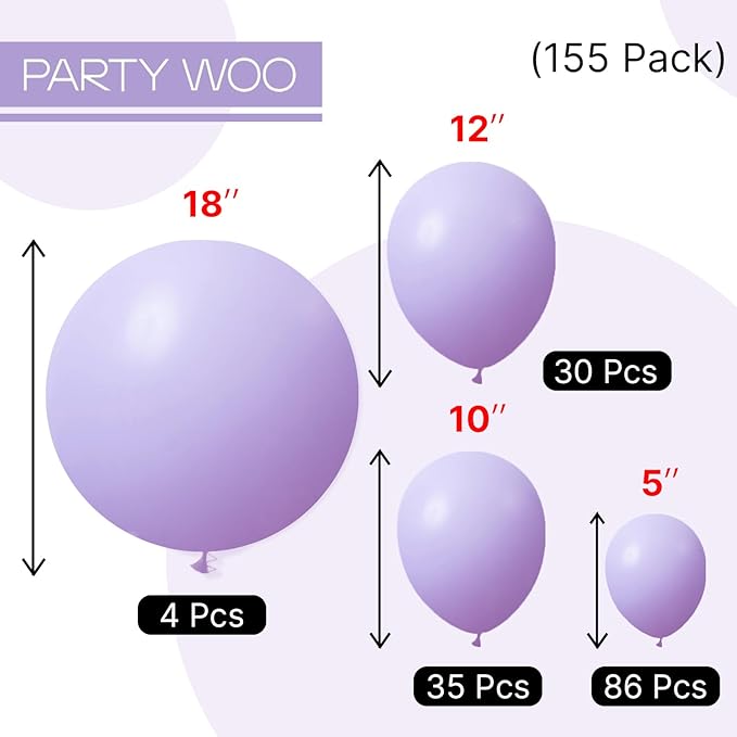 PartyWoo Lavender Balloons 155pcs Different Sizes Pack of 18 12 10 5 Inch Light Pastel Purple Lilac Balloon Arch Kit for Baby Shower Bachelorette Fairy Birthday Princess Party Decorations Purple-Q10