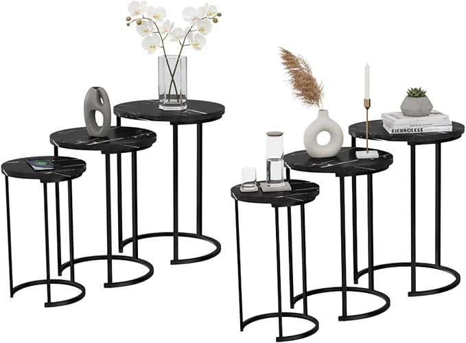 Lavish Home 6-Piece Nesting Table Set – Round Faux Marble Side & End Tables – Modern Space-Saving Accent Furniture for Living Room, Bedroom, Apartment, or Home Office (Black)