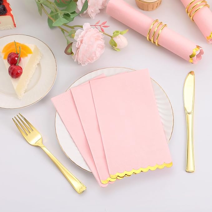 100 Pcs Pink Paper Napkins Disposable, Pink and Gold Party Napkins, Premium Quality Scalloped Dinner Napkins for Birthday Wedding Bridal Shower Party