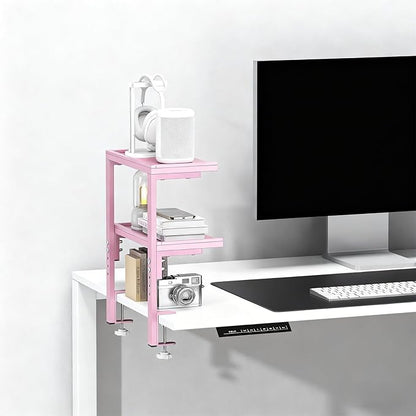 2-Tier Desk Shelf, Expandable Under Desk Storage, Clamp on Desk Shelf, Desktop Accessories for Offices, Study Rooms, and Game Rooms (Pink)