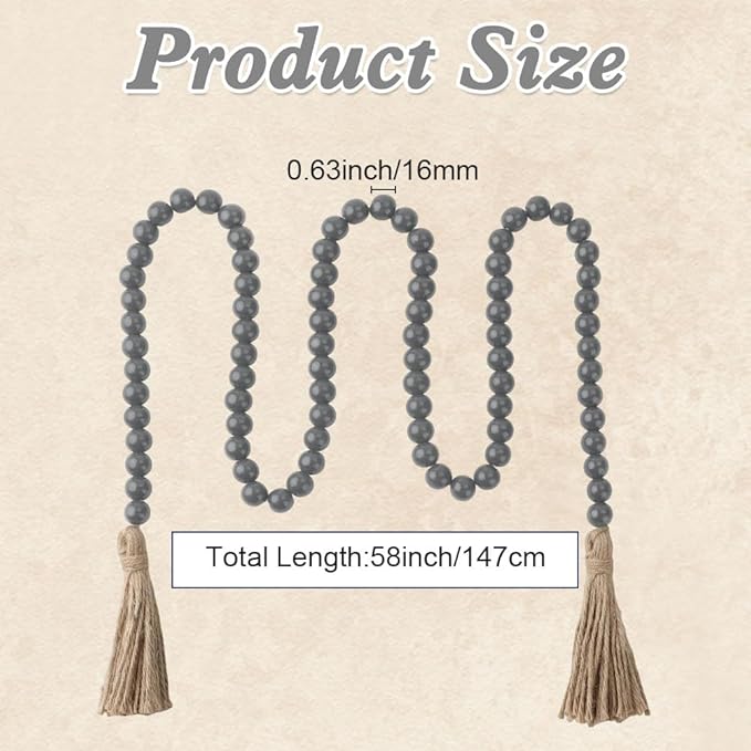 Wood Bead Garland 58 Inch Grey Wooden Beads for Boho Farmhouse Table Home Decor with Tassel, Wooden Prayer Bead, Rustic Country Boho Wall Hanging Decor for Kitchen Modern Living Room Tray Vase Shelf