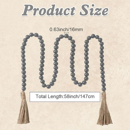 Wood Bead Garland 58 Inch Grey Wooden Beads for Boho Farmhouse Table Home Decor with Tassel, Wooden Prayer Bead, Rustic Country Boho Wall Hanging Decor for Kitchen Modern Living Room Tray Vase Shelf