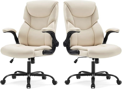 Sweetcrispy Ergonomic Computer Gaming Office Chair Set of 2, Heavy Duty Task Desk Swivel Rolling Chairs with Wheels, Flip-up Arms, Adjustable Height, PU Leather,Cream White