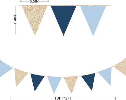 Champagne Gold Navy Blue Dusty Blue Pennant Banner Flag Hanging Paper Triangle Bunting for Birthday Baby Shower Graduation Wedding Bachelor Retirement Nautical Ahoy Achor Party Decorations Supplies