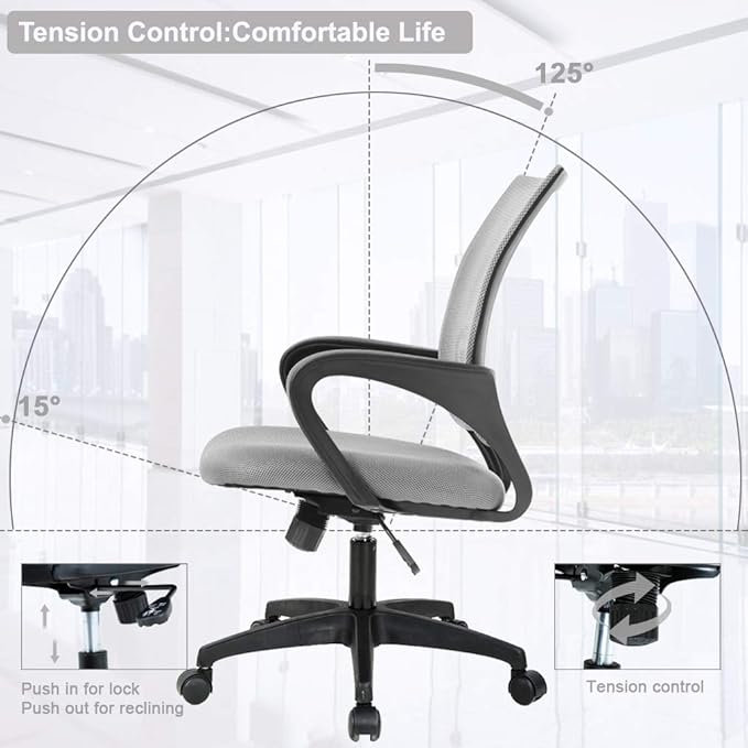 BestOffice | Ergonomic Office Chair | Mid-Back Swivel Desk Chair | Breathable Backrest & Lumbar Support | Adjustable Height | Sponge Seat | Rolling Wheels | Grey | for Adults & Women | Pack of 2