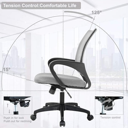 BestOffice | Ergonomic Office Chair | Mid-Back Swivel Desk Chair | Breathable Backrest & Lumbar Support | Adjustable Height | Sponge Seat | Rolling Wheels | Grey | for Adults & Women | Pack of 2