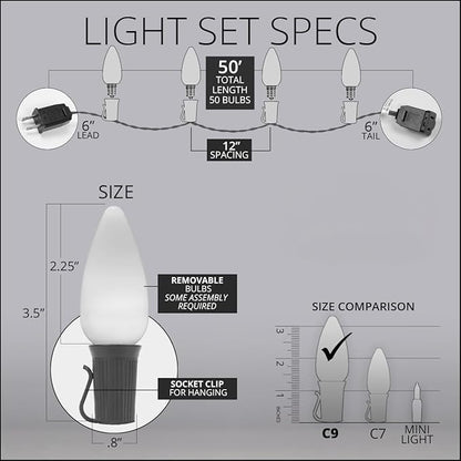 Wintergreen Lighting 50 C9 OptiCore LED Commercial Outdoor Christmas Lights – Heavy Duty Christmas String Lights; Green Wire (50 ft, Warm White Smooth/Opaque)