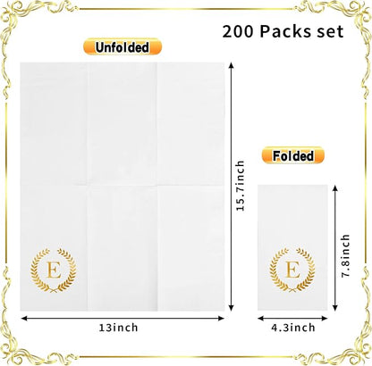 200 Pack Monogrammed Disposable Napkins Gold Foil Letter E Guest Napkins Initial Disposable Hand Paper Towels for Wedding Engagement Baby Shower Party Home Kitchen Bathroom Dinner Decorative Towels