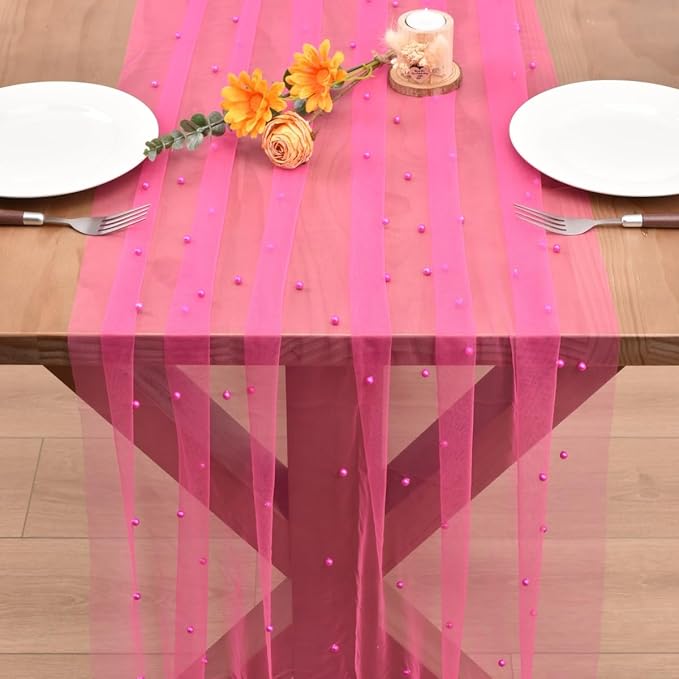 Fuschia Pearl Fall Thanksgiving Table Runner Boho Rustic Tulle Lace Table Runner for Baby Shower Wedding Arch Decor Veil Dessert Table Decor