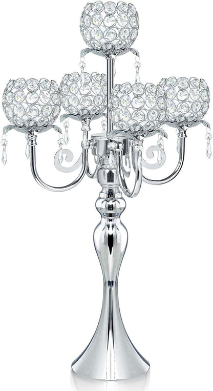 Silver 5 Arms 22.5 Inch Crystal Exquisite Candle Holder with Pendant, Elegant Table Decoration Home Decor for Restaurant Party Birthday Wedding Date