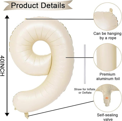 40 Inch Beige Numbers 9 Balloons, Large Self Inflating Cream White Digital 9 Helium Balloons, Giant Foil Mylar Number 9 Balloons for Women Men Girls Boys 9th Birthday Party Anniversary Decorations