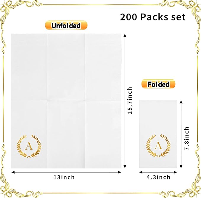 200 Pack Monogrammed Disposable Napkins Gold Foil Letter A Guest Napkins Initial Disposable Hand Paper Towels for Wedding Engagement Baby Shower Party Home Kitchen Bathroom Dinner Decorative Towels