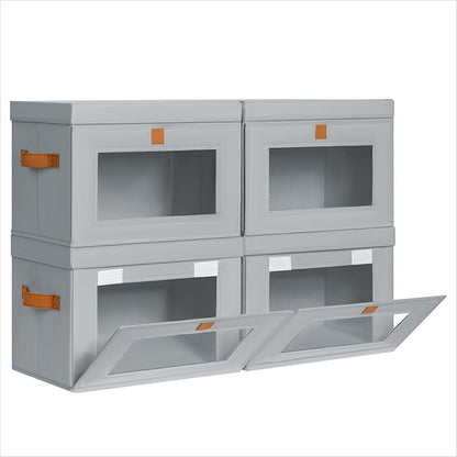 Small Fabric Storage bins - Collapsible Storage Bins with Open Window, 4 Pack Closet Baskets for Shelves, Stackable Decorative Boxes for Home, Dorm, Grey, 13.7"x 9.8" x 9.8"