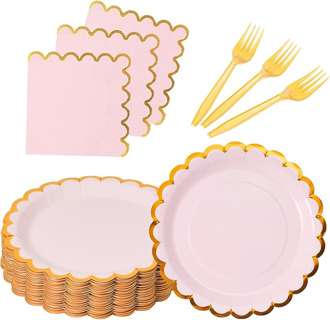 Pink & gold scalloped party plates with napkins and fork gold foil border, 24 Guest Pink disposable Tableware Set Party Decoration for Birthday Coquette Bridal Baby Shower Valentines