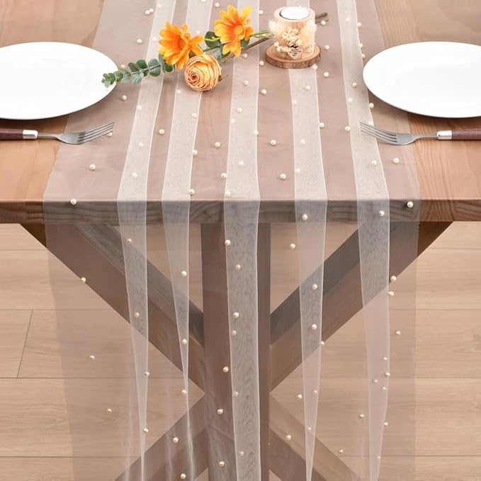 Light Peach Pearl Fall Thanksgiving Table Runner Boho Rustic Tulle Lace Table Runner for Baby Shower Wedding Arch Decor Veil Dessert Table Decor 6pcs