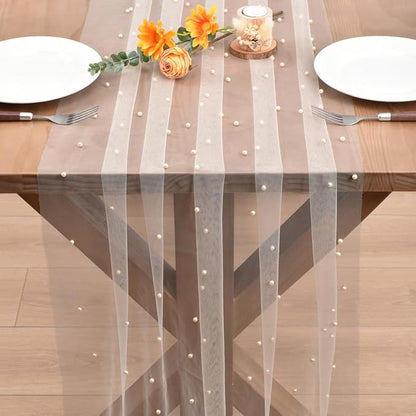 Light Peach Pearl Fall Thanksgiving Table Runner Boho Rustic Tulle Lace Table Runner for Baby Shower Wedding Arch Decor Veil Dessert Table Decor
