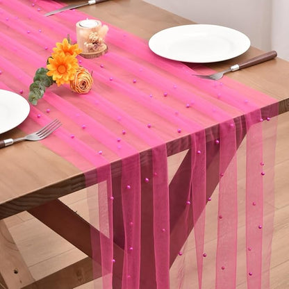 Fuschia Pearl Fall Thanksgiving Table Runner Boho Rustic Tulle Lace Table Runner for Baby Shower Wedding Arch Decor Veil Dessert Table Decor 3pcs