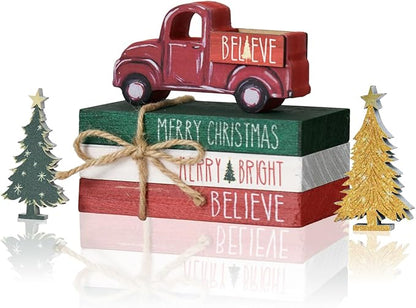 Smile Christmas Wooden Books Stack, Blieve Merry Bright Faux Books Bundle, Red Car Golden Trees Tiered Tray Decorations, for Home Table Mantle Shelf.