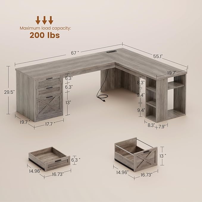 SEDETA Farmhouse 67" L Shaped Desk with 3 Drawers, Executive Desk, Home Office Desks with Storage Shelves, Corner Computer Desk with Power Outlets for Home Office, Grey