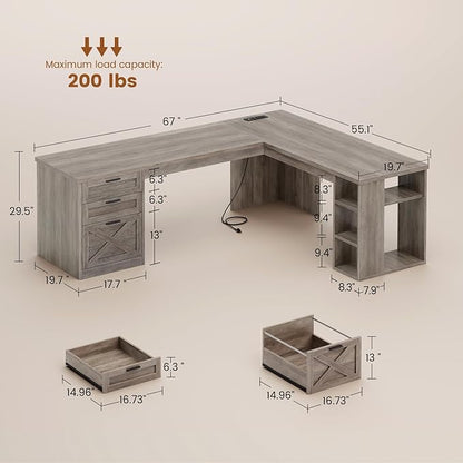SEDETA Farmhouse 67" L Shaped Desk with 3 Drawers, Executive Desk, Home Office Desks with Storage Shelves, Corner Computer Desk with Power Outlets for Home Office, Grey