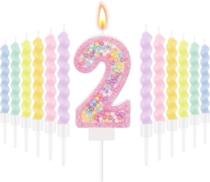 MTLEE Birthday Candle Macaron Glitter 3D Number Candle with 12 Pcs Rainbow Spiral Candles in Holders for Girl Boy Cake Topper Wedding Anniversary Pastel Sweet Theme Party Decoration(Pink,Number 2)