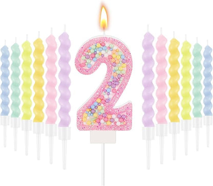 MTLEE Birthday Candle Macaron Glitter 3D Number Candle with 12 Pcs Rainbow Spiral Candles in Holders for Girl Boy Cake Topper Wedding Anniversary Pastel Sweet Theme Party Decoration(Pink,Number 2)