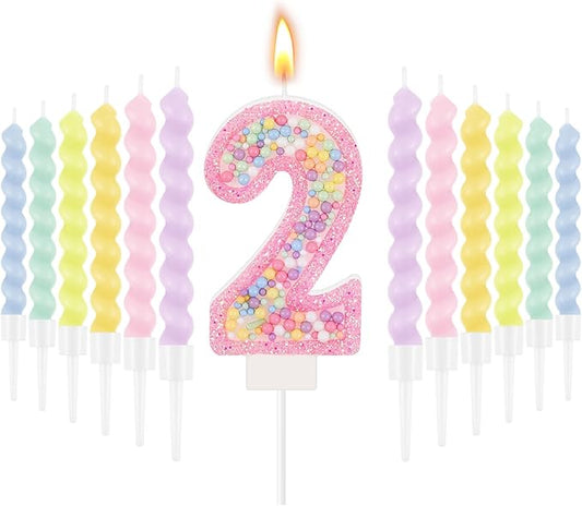 MTLEE Birthday Candle Macaron Glitter 3D Number Candle with 12 Pcs Rainbow Spiral Candles in Holders for Girl Boy Cake Topper Wedding Anniversary Pastel Sweet Theme Party Decoration(Pink,Number 2)