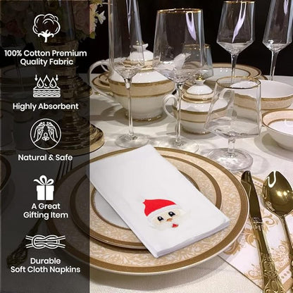 Christmas Cloth Napkins Dining Table Dinner Napkins|Washable Cotton Napkins Easter Basket Decor|Happy Santa Face Embroidered 18x18 in White Pk of 6 Cocktail Party Napkins
