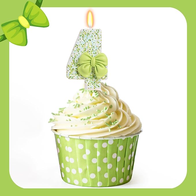 Birthday Candle for Cake, Green Bow Number Cake Candles, 2.76 inch Cake Topper Decoration for Birthday Party (Number 4)