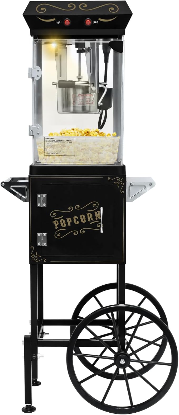Movie Theater Popcorn Maker Machine, Professional with 8oz Kettle & Cart Makes 32 Cups, Vintage Style on Wheels for Home & Commercial Use, Includes shovel & spoon, Black
