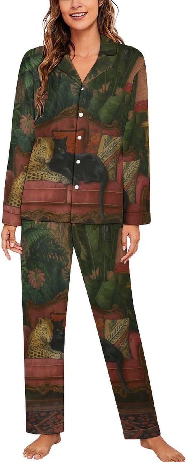 Lemons Leaves Ceramic Style Womens Pajama Set Long Sleeve Pajamas Top And Pants Soft Loungewear Pjs Sets