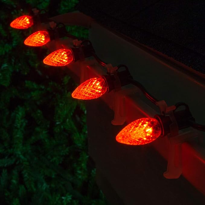 Wintergreen Lighting 25 ft C7 Orange OptiCore Commercial Christmas Lights – LED Bulbs for Halloween, Holiday, Party; Green Wire (25 Amber Lights)